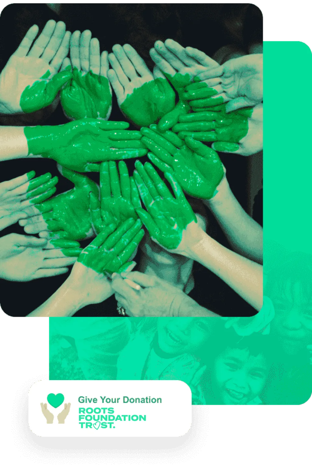 Green hands joined together, symbolising community support from Roots Foundation Trust