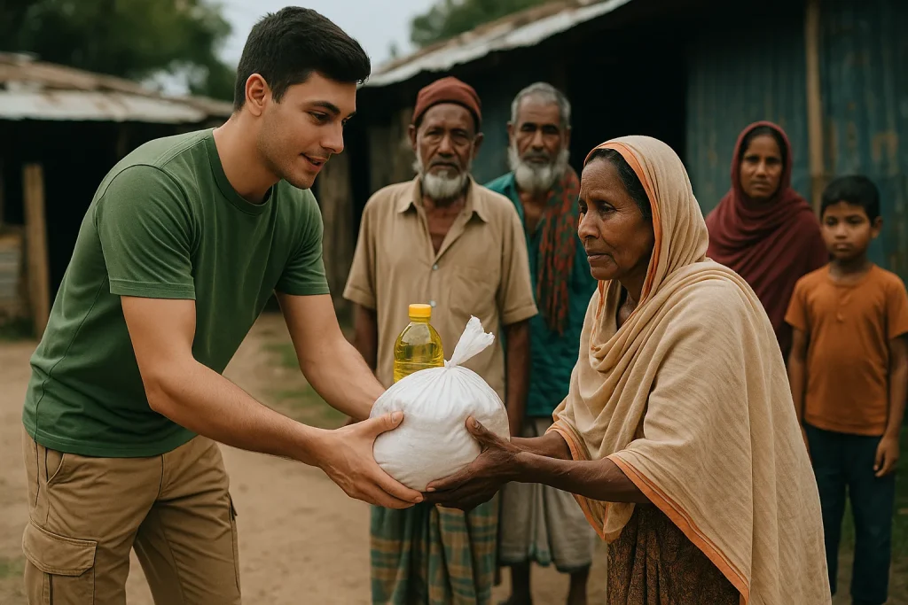Roots Foundation Trust volunteer handing food aid to a family in need